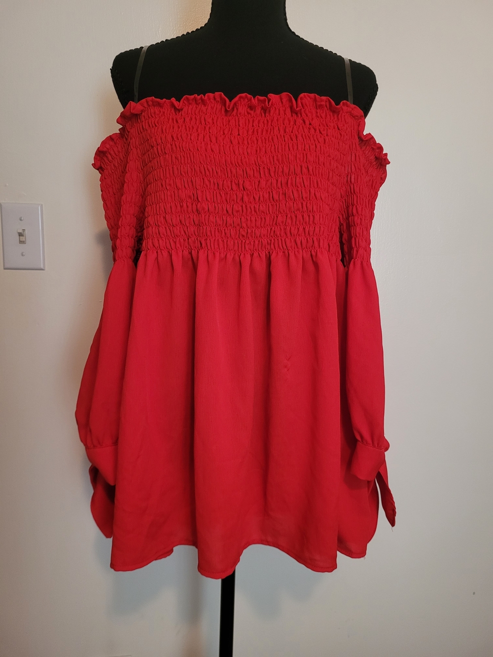 Iris Red Off-Shoulder Smocked Tunic Blouse